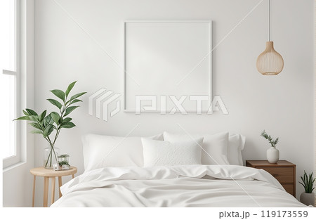 Mock-up frame in the Realistic home bedroom background, with natural rattan furniture, 3d render 119173559