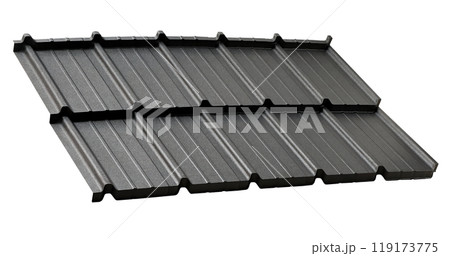 Lightweight black steel roofing sheet isolated on white background. Modular tile effect roof panel. Traditional metal shingle tiles. Popular profiled metallic pantile mimic clay or concrete slate Lightweight black steel roofing sheet isolated on white background. Modular tile effect roof panel. Traditional metal shingle tiles. Popular profiled metallic pantile mimic clay or concrete slate 119173775