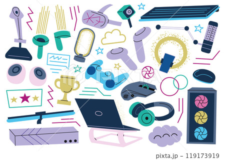 Gaming gadgets vector illustrations set, headphones, game controllers, laptops and microphones. Streaming gear collection. Modern flat cartoon style, perfect for esports, gaming setups, and tech 119173919