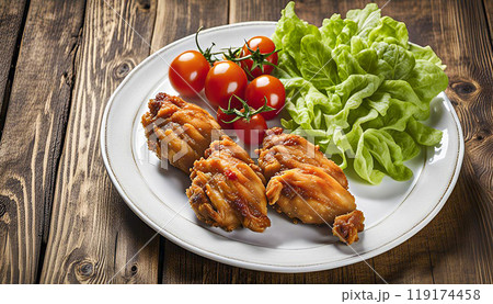 Fried chicken in batter with multi-colored cherry tomatoes and fresh herbs on a light background. 119174458