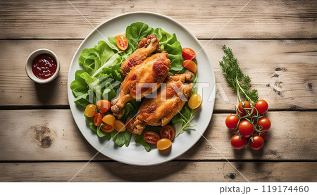 Fried chicken in batter with multi-colored cherry tomatoes and fresh herbs on a light background. 119174460
