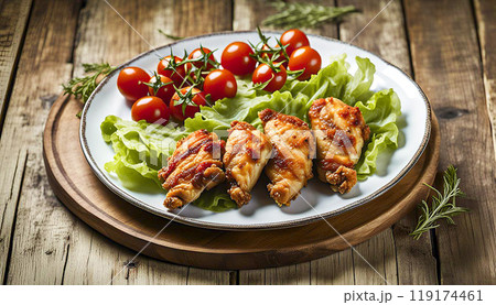 Fried chicken in batter with multi-colored cherry tomatoes and fresh herbs on a light background. 119174461