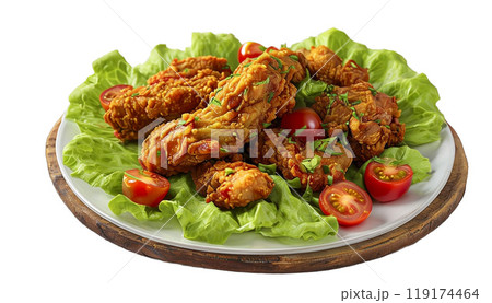 Fried chicken in batter with multi-colored cherry tomatoes and fresh herbs on a light background. 119174464