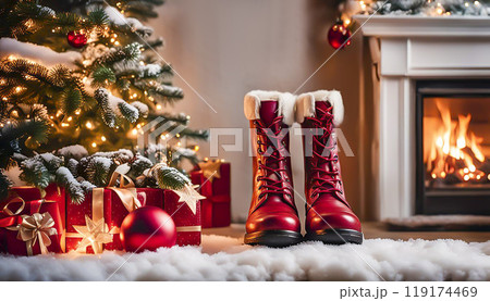 Christmas atmosphere. Decorated Christmas tree with festive toys. Fireplace. Christmas atmosphere. Decorated Christmas tree with festive toys. Fireplace. 119174469