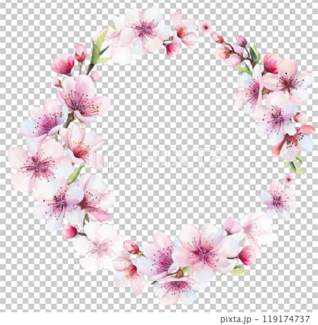 Frame with watercolor pink cherry flowers and green leaves, wedding sakura isolated illustration 119174737