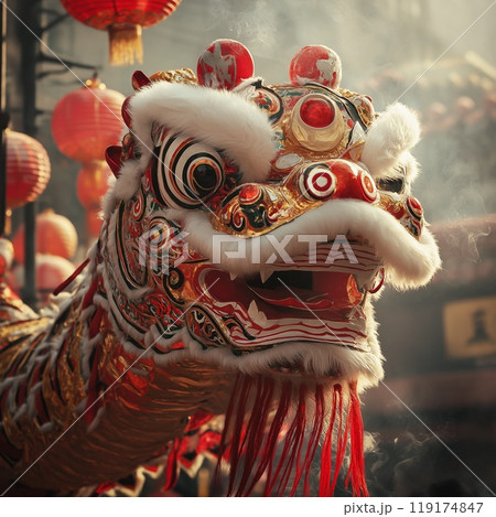 Closeup of a lion costume with beautiful lanterns in the back Closeup of a lion costume with beautiful lanterns in the back 119174847
