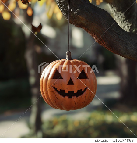 A spooky Halloween pumpkin is dangling from a tree branch above 119174865