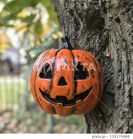 A spooky Halloween pumpkin is dangling from a tree branch above 119174866