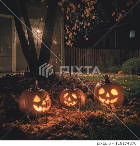There are two beautifully carved pumpkins that are lit up in front of a house 119174870