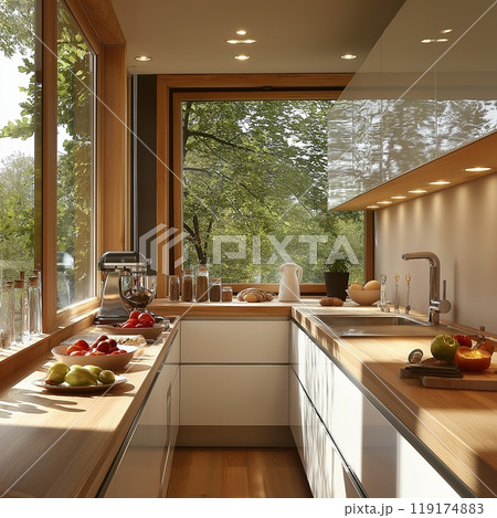 A spacious kitchen featuring a large island and a dining table area 119174883