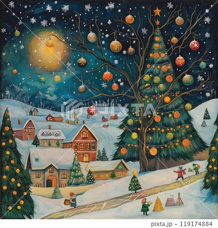 A painting of a Christmas scene with a tree in the foreground 119174884