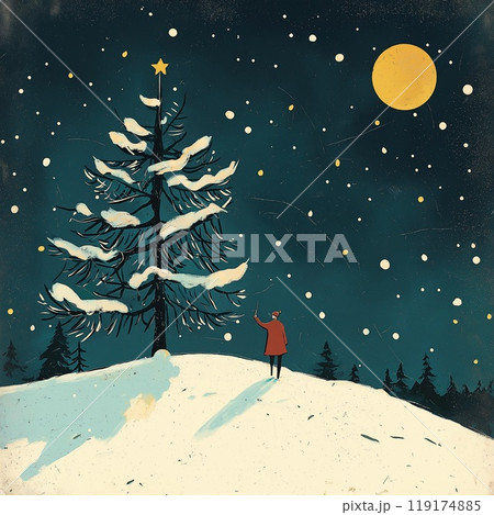 A painting of a Christmas scene with a tree in the foreground 119174885