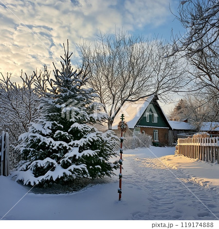 Painting of a snowy landscape with a Christmas tree in front 119174888