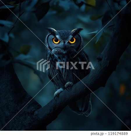 A black owl with orange eyes perches on a tree branch, observing 119174889