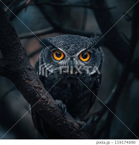 A black owl with orange eyes perches on a tree branch, observing 119174890