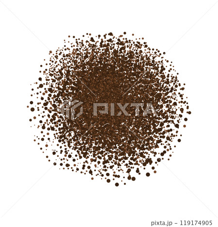 Coffee ground speckles powder, cocoa top view. Grainy bean with particles textured stain. Brown chocolate dust. grains and granules shape Coffee ground speckles powder, cocoa top view. Grainy bean with particles textured stain. Brown chocolate dust. grains and granules shape 119174905