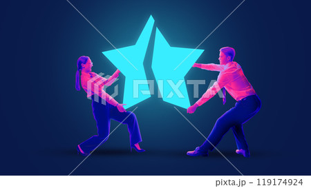 Man and woman in business suit push together two halves of star to complete it. Collaboration and uniting efforts to achieve success. 119174924