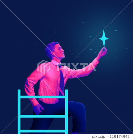 Man in suit climbing ladder, reaching for bright star in night sky. Striving for success and reaching new heights in business. 119174942