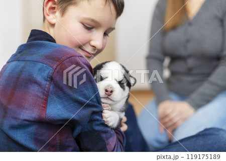 Boy holding husky puppy indoors Boy holding husky puppy indoors 119175189