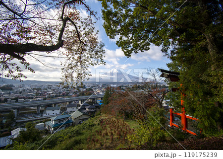 秋を感じる紅葉の奥に富士山を望む 119175239