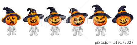 Watercolor set of zombie monster with pumpkin head. Cheerful friendly Halloween zombie with a witch hat on his head. A cute and smiling character drawn in watercolor in a cartoon style Watercolor set of zombie monster with pumpkin head. Cheerful friendly Halloween zombie with a witch hat on his head. A cute and smiling character drawn in watercolor in a cartoon style 119175327