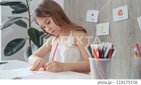 Young girl concentrating on drawing at the desk at home or school class room Young girl concentrating on drawing at the desk at home or school class room 119175516
