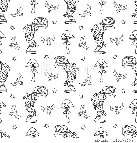 Seamless pattern with cute hand drawn Halloween mummy and poisonous mushrooms 119175575