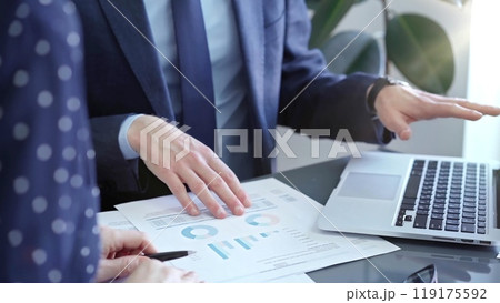 Two professionals analyzing a pie chart during a strategic business meeting. Business meeting with graph analysis 119175592