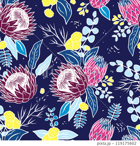 Seamless pattern with protea flowers on blue background 119175602