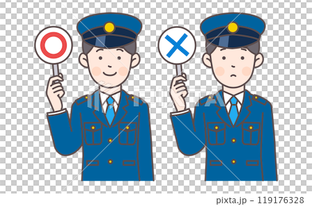 マルとバツの札を持つ警察官 119176328