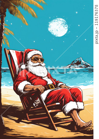 cool santa claus relax on tropical beach illustration 119176378