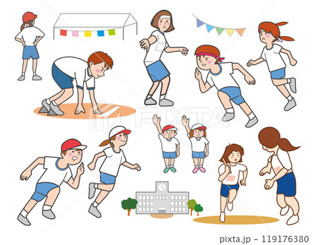 運動会で走る小中学生たちのセット 119176380