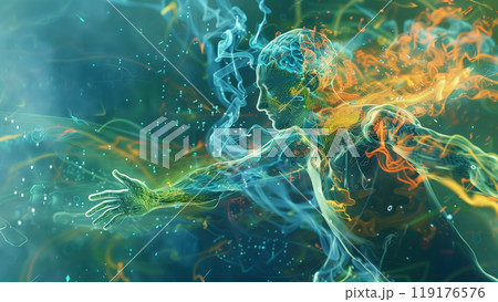 Digital human figure surrounded by abstract flowing neon and smoke patterns 119176576