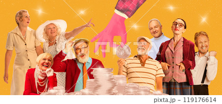 Group of happy seniors standing by pile of coins with hand holding shining coin, symbolizing pension distributions and financial security. Contemporary art collage. 119176614