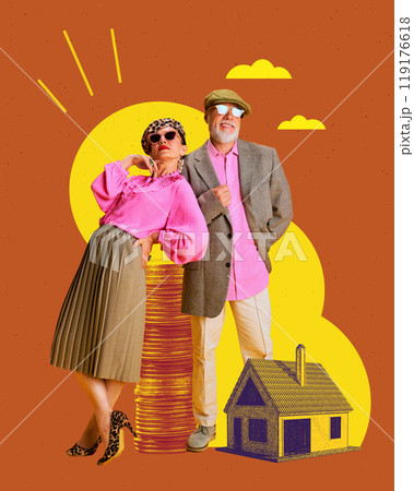Retirement wealth and property. Stylish elderly couple posing confidently in front of stack of coins and house. Contemporary art collage. 119176618