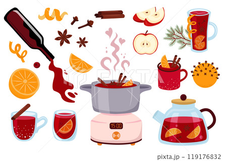 Stock vector mulled wine ingredients. Punch in glasses, mugs, pot. Red wine, citrus, spices. Vector illustration set. 119176832