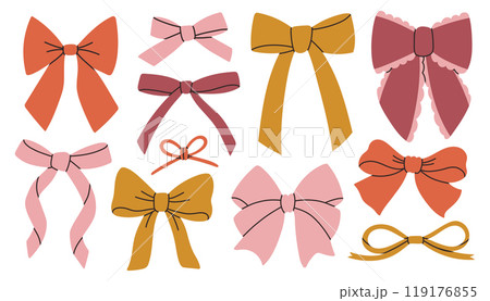 Cute bow set. Trendy various bows, gift ribbons. Bowknots in hand drawn flat styles. Hair accessory. For gift wrapping 119176855