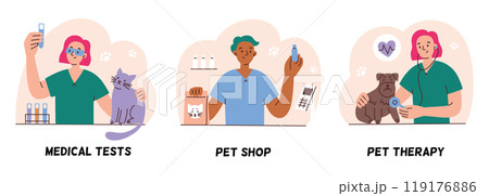 Vector illustration of veterinary clinic and and pet shop, medical test and pet therapy, domestic animals laboratory. Flat cartoon design, perfect for pet care, vet clinics, and animal healthcare 119176886