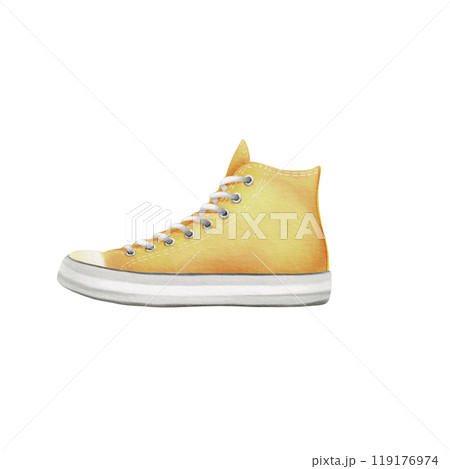 Sneakers in yellow brightly colored in retro style with shoelaces for casual as a symbol of the 80s 90s. Watercolor isolated illustration on white background for posters, cards and theme parties 119176974