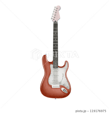 Electric guitar in red color, isolated watercolor illustration on white background for postcards, posters, theme parties as a symbol of youths of the 90s and 80s and disco 119176975
