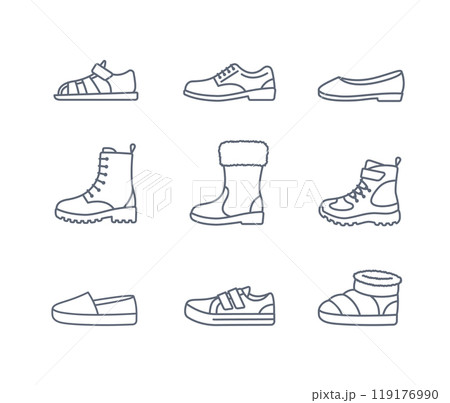 Kids shoes collection. Basic types of footwear for children. Sneakers, sandals, winter boots, ballet flats, espadrilles. Simple line icons for kids clothing shop. Outline pictograms, editable stroke Kids shoes collection. Basic types of footwear for children. Sneakers, sandals, winter boots, ballet flats, espadrilles. Simple line icons for kids clothing shop. Outline pictograms, editable stroke 119176990