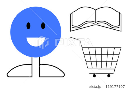 A blue smiling face next to a black outlined open book and shopping cart. Ideal for education, online shopping, reading, happiness and consumerism. Simple and modern style A blue smiling face next to a black outlined open book and shopping cart. Ideal for education, online shopping, reading, happiness and consumerism. Simple and modern style 119177107