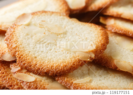 Almond tuiles Tejas de almendras, roof tile shaped almond pastry closeup on the plate. Horizontal Almond tuiles Tejas de almendras, roof tile shaped almond pastry closeup on the plate. Horizontal 119177151