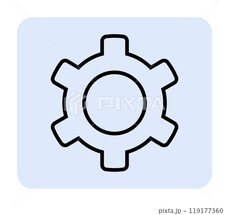 Black gear icon on a light blue square background. Perfect for representing mechanics, technology service, customization, development, and machinery. Clean vector style. 119177360