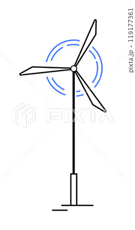A tall wind turbine with three blades on a simple stand, with blue motion lines indicating rotation. Ideal for renewable energy, green technology, sustainability, environmental conservation, and clean 119177361
