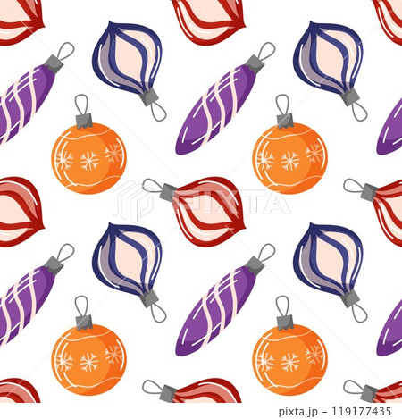 Christmas seamless pattern with tree balls in flat style. Vintage ornament background for design package, holiday, paper, decor. Christmas seamless pattern with tree balls in flat style. Vintage ornament background for design package, holiday, paper, decor. 119177435