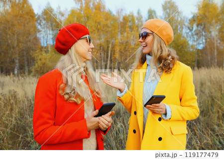 Happy women friends talking with phone in autumn park, stylish girlfriends smiling holds smartphone Happy women friends talking with phone in autumn park, stylish girlfriends smiling holds smartphone 119177479