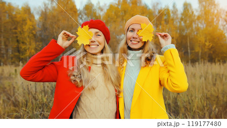 Happy young two women friends with autumn yellow leaves, stylish girlfriends smiles together in park 119177480