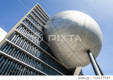 Building view of the Taipei Performing Arts Center in Taiwan. it's a modern building combining cube and sphere geometry. 119177597