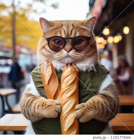 パリのカフェでフランスパンを手に持つサングラスをかけたた猫 パリのカフェでフランスパンを手に持つサングラスをかけたた猫 119177666